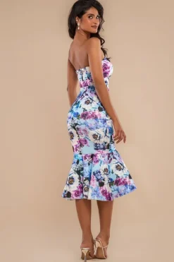 Ruffled Floral Scuba Foam Bandeau Midi Dress - Blue by Goddiva