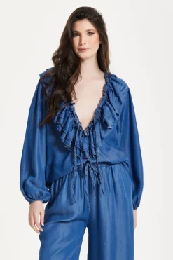 Ruffled V-Neck Long Sleeve Top by Liquorish
