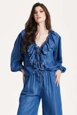Ruffled V-Neck Long Sleeve Top by Liquorish