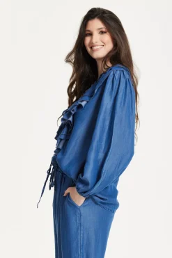 Ruffled V-Neck Long Sleeve Top by Liquorish