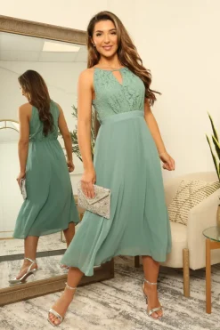 Sage Halterneck Lace Midi Dress by Double Second