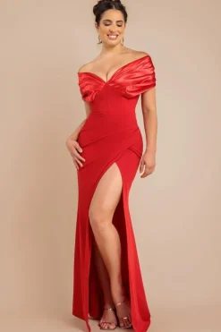 Satin & Scuba Off The Shoulder Maxi Dress - Red by Goddiva