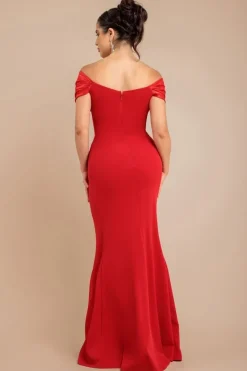 Satin & Scuba Off The Shoulder Maxi Dress - Red by Goddiva