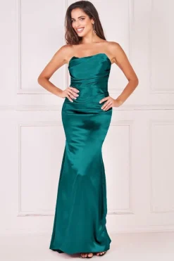 Satin Bandeau Maxi Dress - Emerald Green by Goddiva
