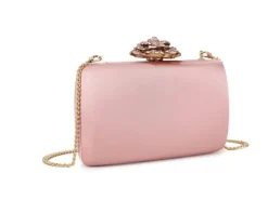 Satin Clutch Bag With Rose Jewel In Pink by SVNX