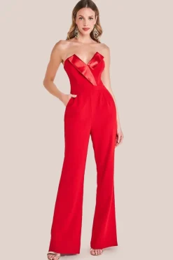 Satin Collar Scuba Jumpsuit - Red by Goddiva