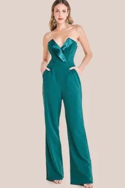 Satin Collar Scuba Jumpsuit - Emerald Green by Goddiva