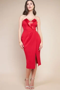 Satin Collar Scuba Midi Dress - Red by Goddiva