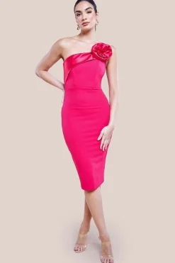Satin Corsage Scuba Crepe Midi Dress - Magenta by Goddiva