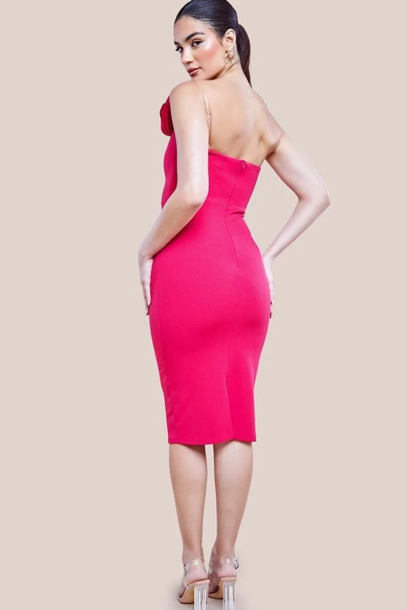 Satin Corsage Scuba Crepe Midi Dress - Magenta by Goddiva