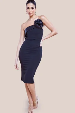 Satin Corsage Scuba Crepe Midi Dress - Black by Goddiva