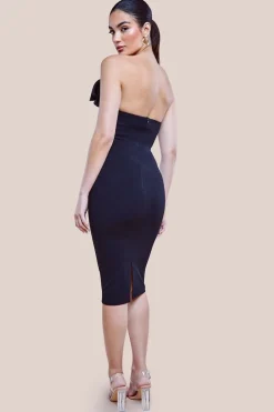 Satin Corsage Scuba Crepe Midi Dress - Black by Goddiva