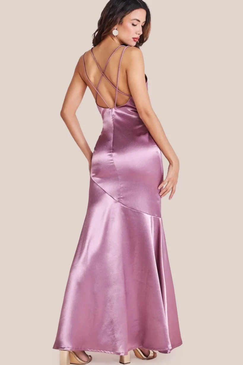 Satin Cowl Neck With Strappy Back Maxi - Pink by Goddiva