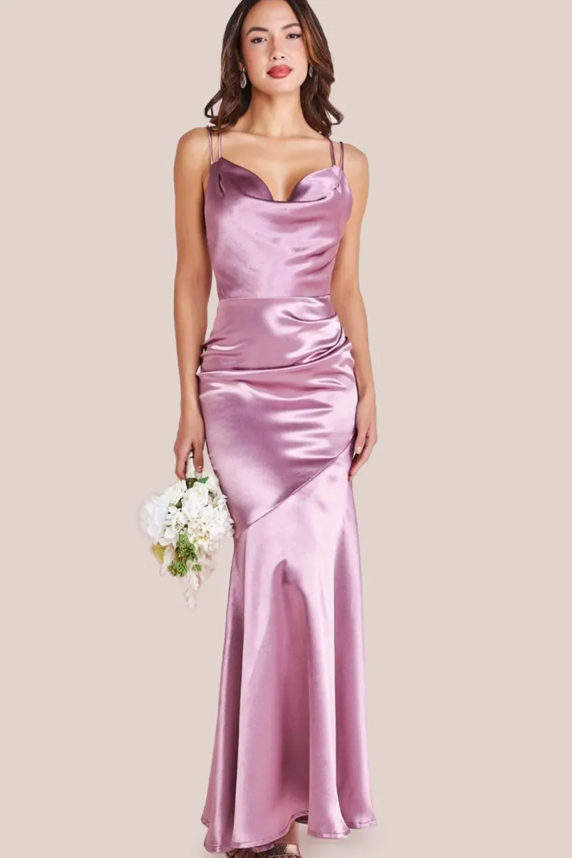 Satin Cowl Neck With Strappy Back Maxi - Pink by Goddiva
