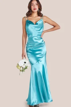 Satin Cowl Neck With Strappy Back Maxi - Aqua by Goddiva