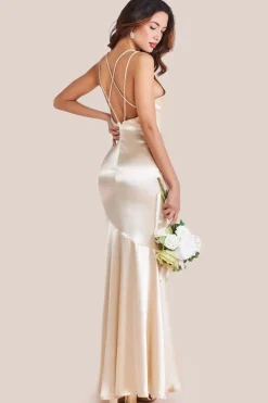 Satin Cowl Neck With Strappy Back Maxi - Champagne by Goddiva