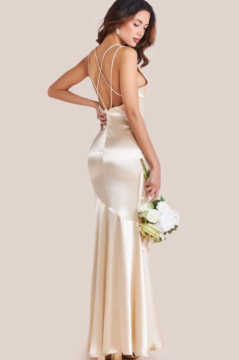 Satin Cowl Neck With Strappy Back Maxi - Champagne by Goddiva