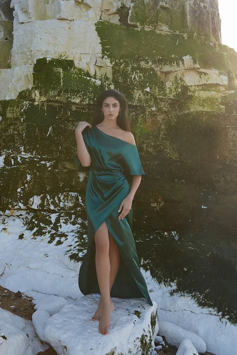 Satin Drape Shoulder Wrap Maxi Dress - Emerald Green by Goddiva