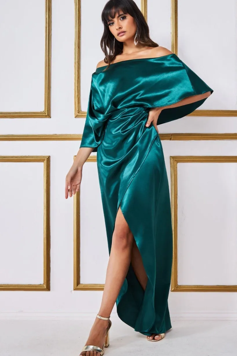 Satin Drape Shoulder Wrap Maxi Dress - Emerald Green by Goddiva