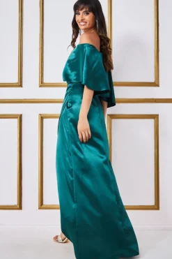 Satin Drape Shoulder Wrap Maxi Dress - Emerald Green by Goddiva