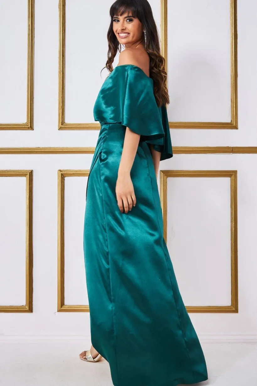 Satin Drape Shoulder Wrap Maxi Dress - Emerald Green by Goddiva