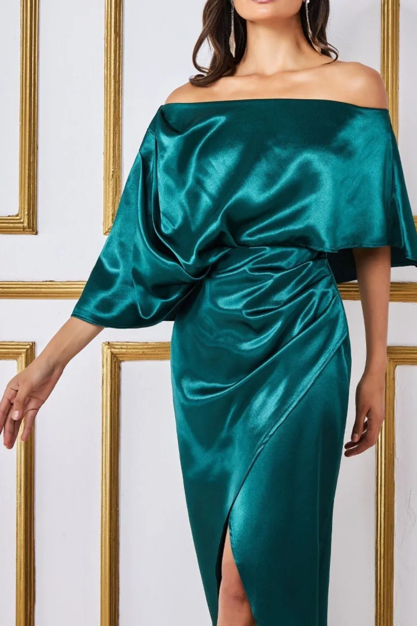 Satin Drape Shoulder Wrap Maxi Dress - Emerald Green by Goddiva