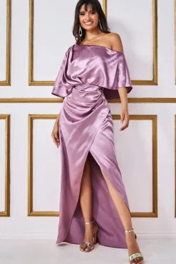 Satin Drape Shoulder Wrap Maxi Dress - Blush by Goddiva