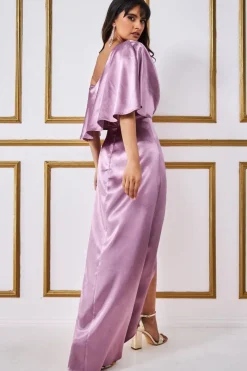 Satin Drape Shoulder Wrap Maxi Dress - Blush by Goddiva