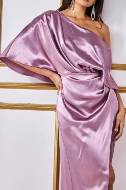 Satin Drape Shoulder Wrap Maxi Dress - Blush by Goddiva