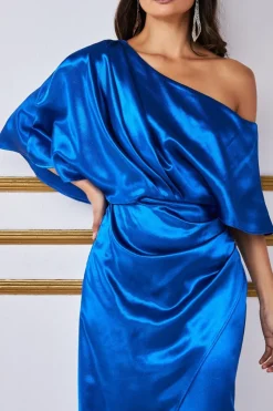 Satin Drape Shoulder Wrap Maxi Dress - Royal Blue by Goddiva