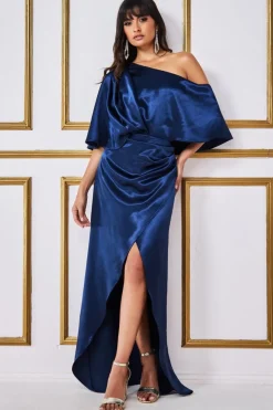 Satin Drape Shoulder Wrap Maxi Dress - Navy by Goddiva