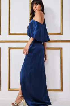 Satin Drape Shoulder Wrap Maxi Dress - Navy by Goddiva