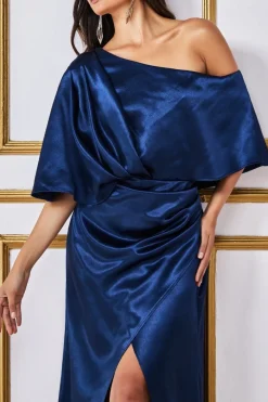 Satin Drape Shoulder Wrap Maxi Dress - Navy by Goddiva
