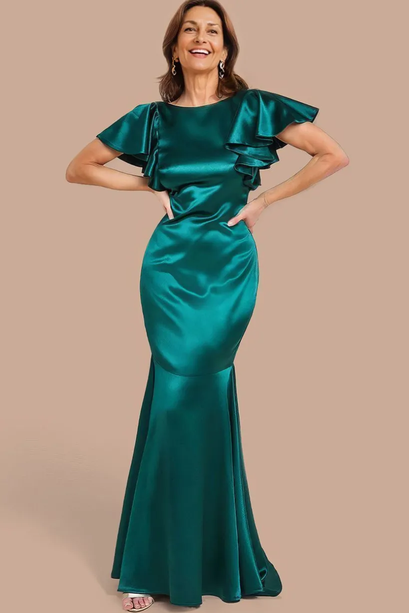 Satin Flutter Sleeve Mermaid Maxi - Emerald Green by Goddiva