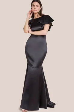 Satin Flutter Sleeve Mermaid Maxi - Black by Goddiva