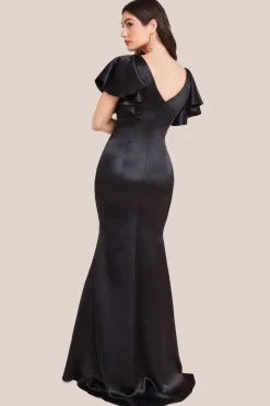 Satin Flutter Sleeve Mermaid Maxi - Black by Goddiva
