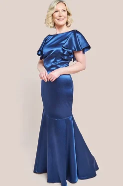 Satin Flutter Sleeve Mermaid Maxi Dress - Navy by Goddiva