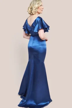 Satin Flutter Sleeve Mermaid Maxi Dress - Navy by Goddiva