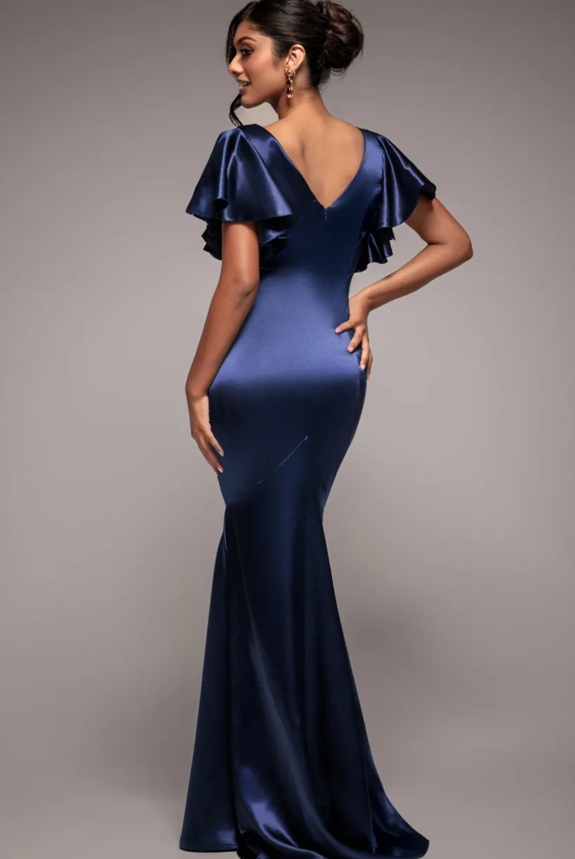 Satin Flutter Sleeve Mermaid Maxi - Navy by Goddiva