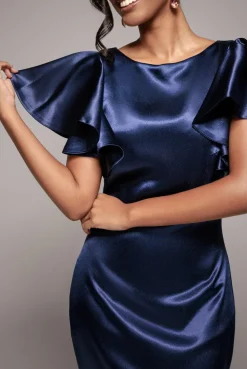 Satin Flutter Sleeve Mermaid Maxi - Navy by Goddiva