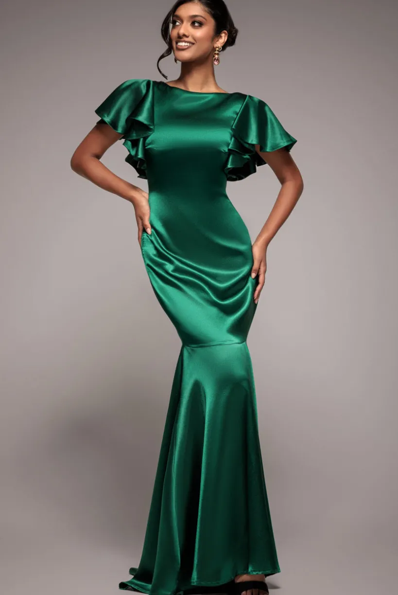 Satin Flutter Sleeve Mermaid Maxi - Emerald Green by Goddiva