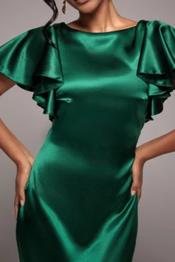 Satin Flutter Sleeve Mermaid Maxi - Emerald Green by Goddiva