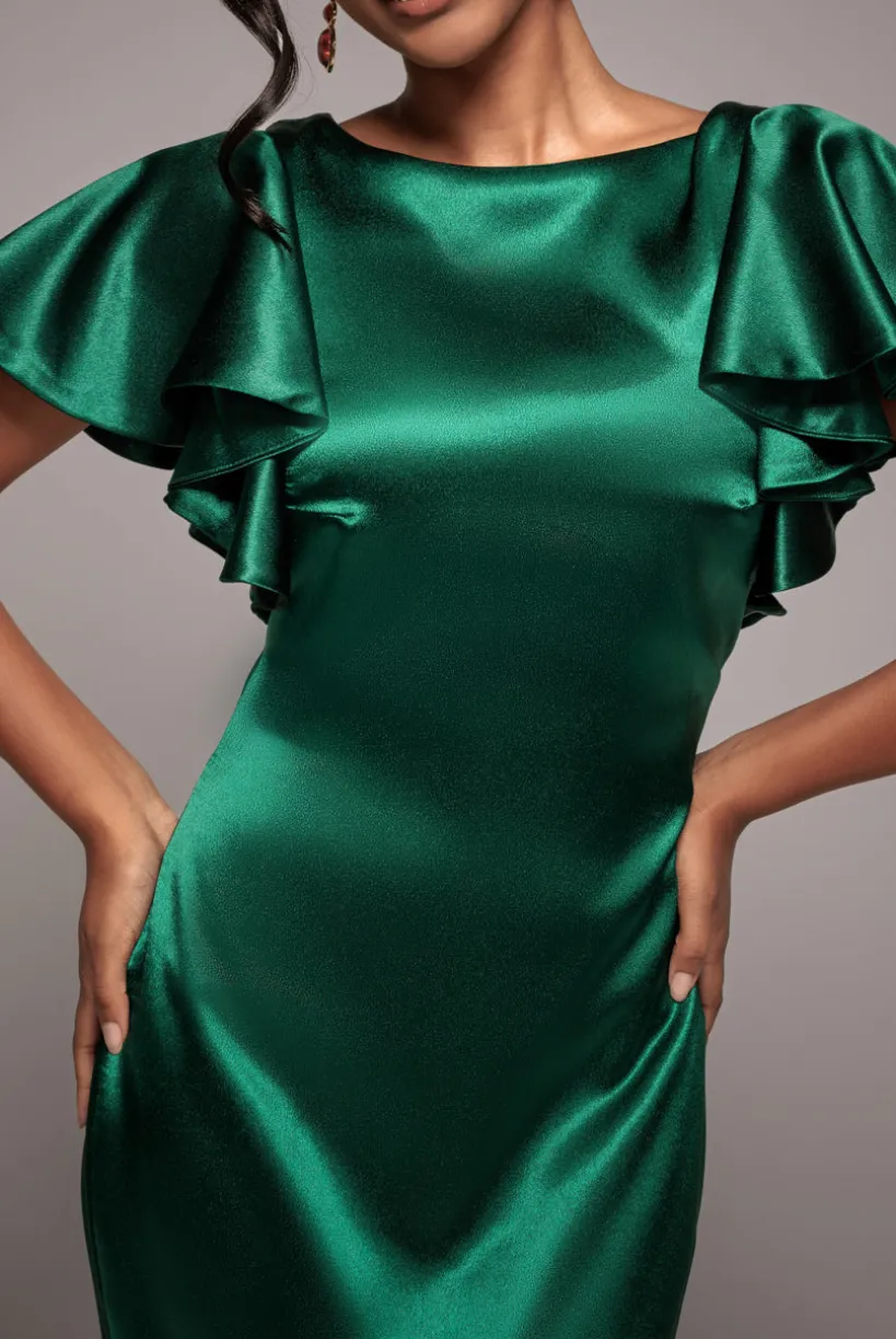 Satin Flutter Sleeve Mermaid Maxi - Emerald Green by Goddiva