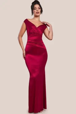 Satin Off The Shoulder Maxi Dress - Wine by Goddiva