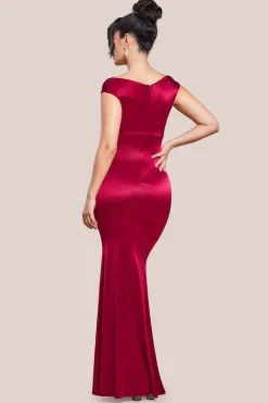 Satin Off The Shoulder Maxi Dress - Wine by Goddiva