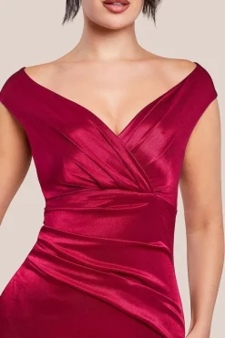Satin Off The Shoulder Maxi Dress - Wine by Goddiva