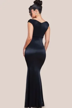 Satin Off The Shoulder Maxi Dress - Black by Goddiva