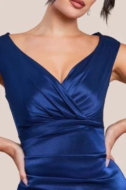 Satin Off The Shoulder Maxi Dress - Navy Blue by Goddiva