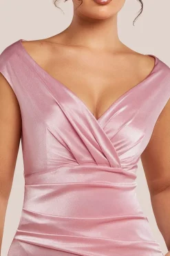 Satin Off The Shoulder Maxi Dress - Pink by Goddiva