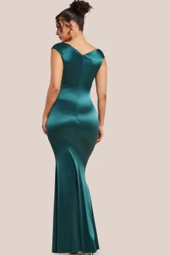 Satin Off The Shoulder Maxi Dress - Emerald Green by Goddiva